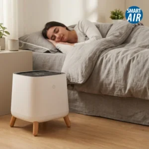 Sqair Chemical Warfare air purifier beside a bed in a bedroom, with a person sleeping peacefully under the covers