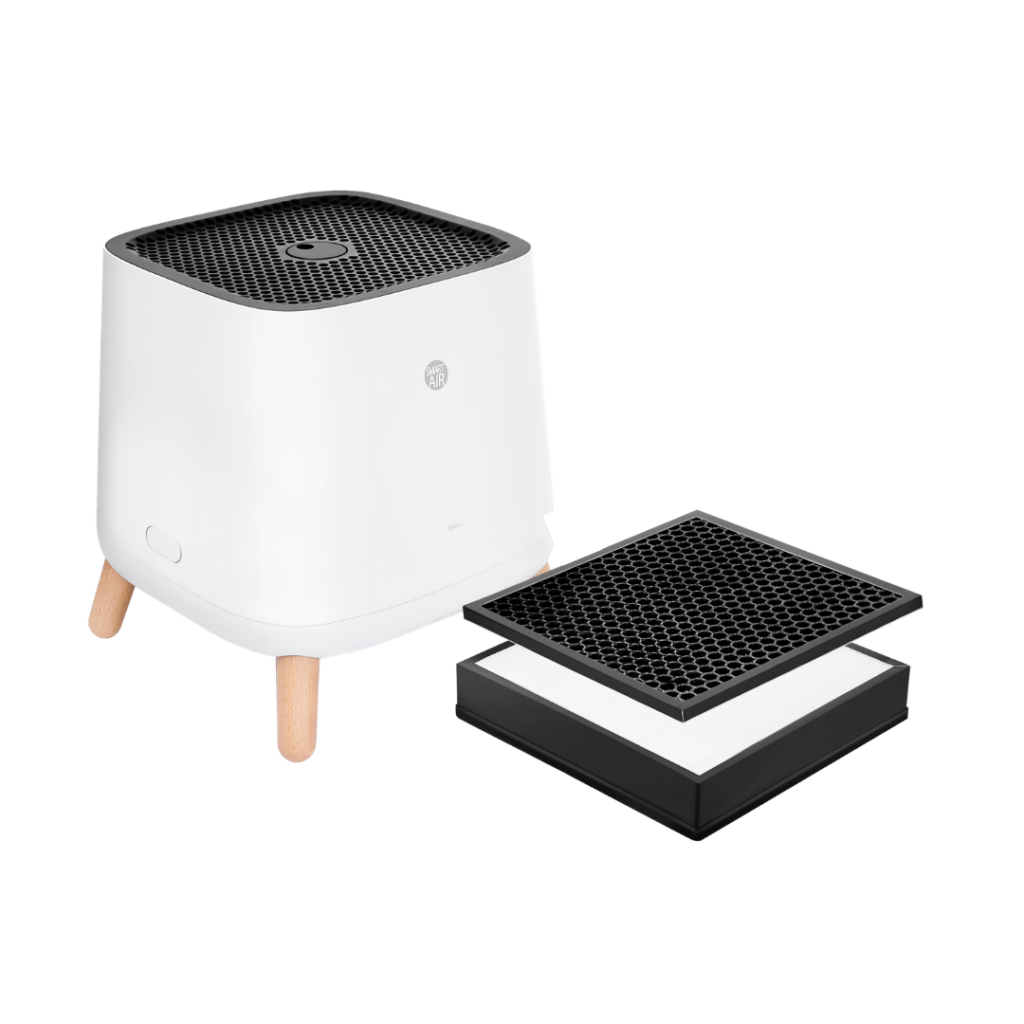 Sqair Air Purifier with wooden legs shown beside its removable black air filter cartridge