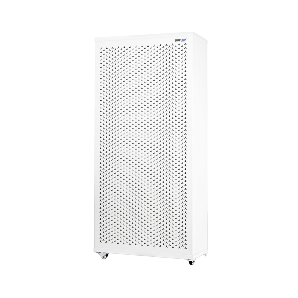 Blast Air Purifier with a perforated front panel and caster wheels on a white background