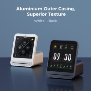 QP Pro 2 Air Quality Monitors displaying temperature, humidity, and air quality readings on a blue background
