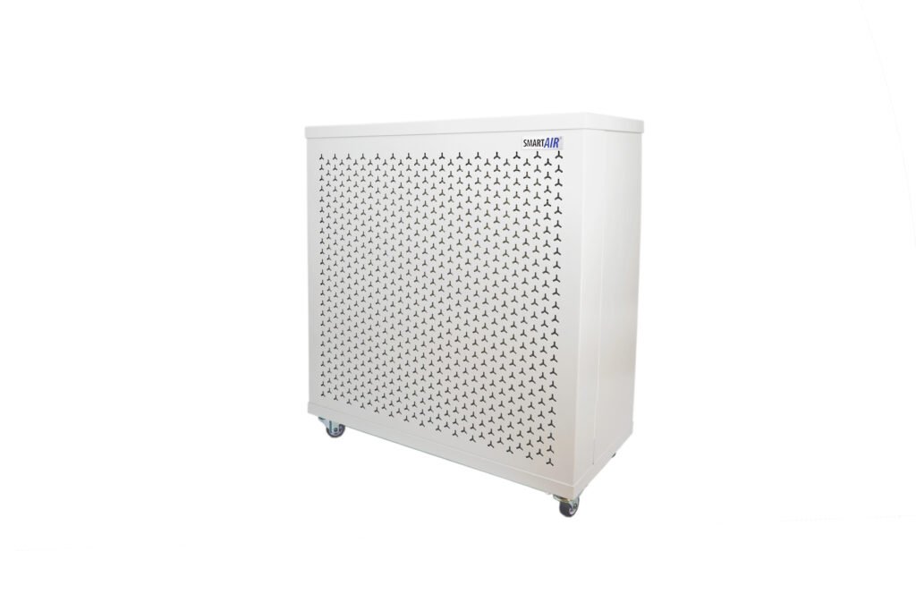 Blast Mini Air Purifier with a perforated front panel and caster wheels, shown at an angle against a white background.