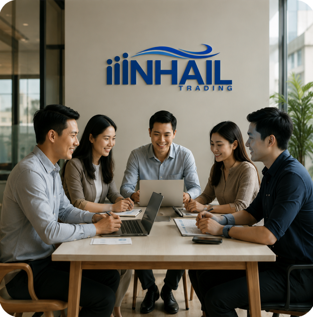 Five Inhail Trading team members gathered around a table in an office meeting, with laptops and documents, beneath the Inhail Trading logo.